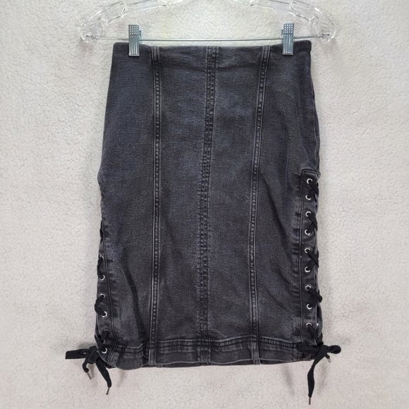 Free People Charcoal Black Denim Stretch Lace Up Slim Grunge Slim Pencil Skirt - Picture 3 of 15